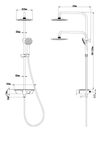 Zuhanyszett esőztető fejzuhannyal, kádtöltővel, fekete