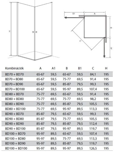BRAVA BLACK szögletes sarok zuhanykabin két lengőajtóval, 80x100 cm