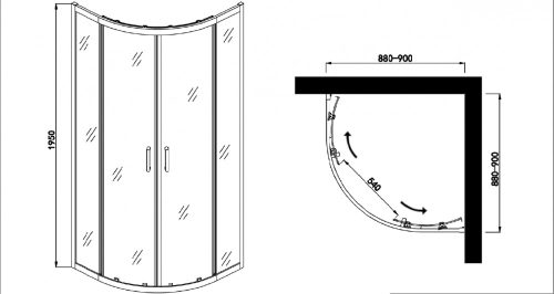ELITE BLACK íves sarok zuhanykabin két tolóajtóval, 90 cm