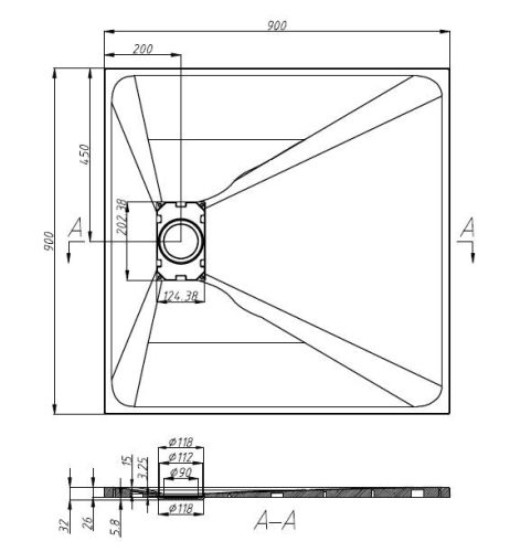 SMC 90 szögletes zuhanytálca, fehér