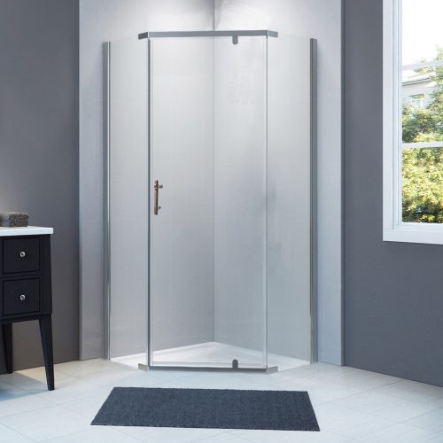 Ötszögletű sarokkabin pivot ajtóval, króm keret, 90 cm