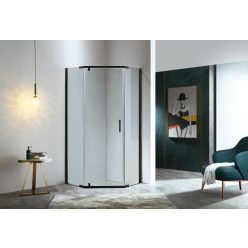 Ötszögletű sarokkabin pivot ajtóval, fekete keret, 90 cm